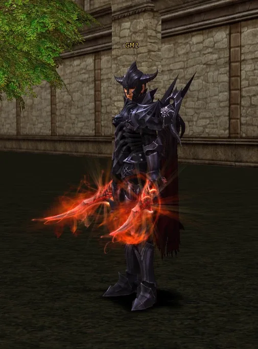 Armure sombre et lames enflammées