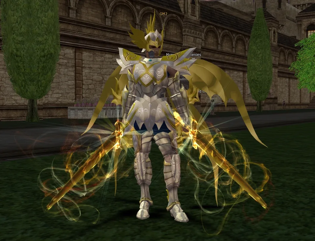 Armure d’or blanc et épées jumelles